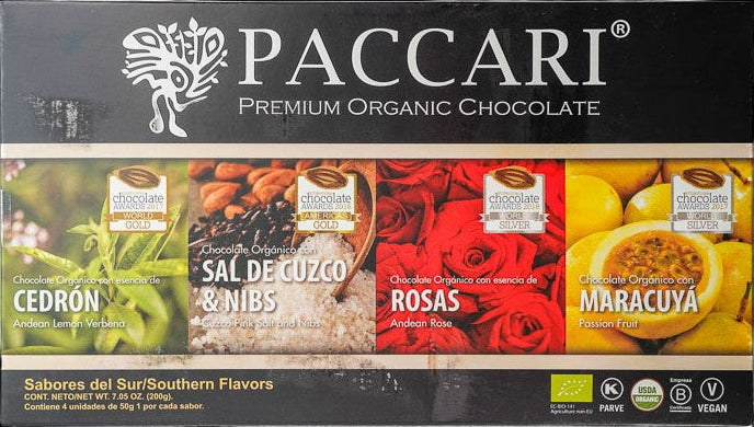 Paccari chocolate packaging with various flavors on a black background