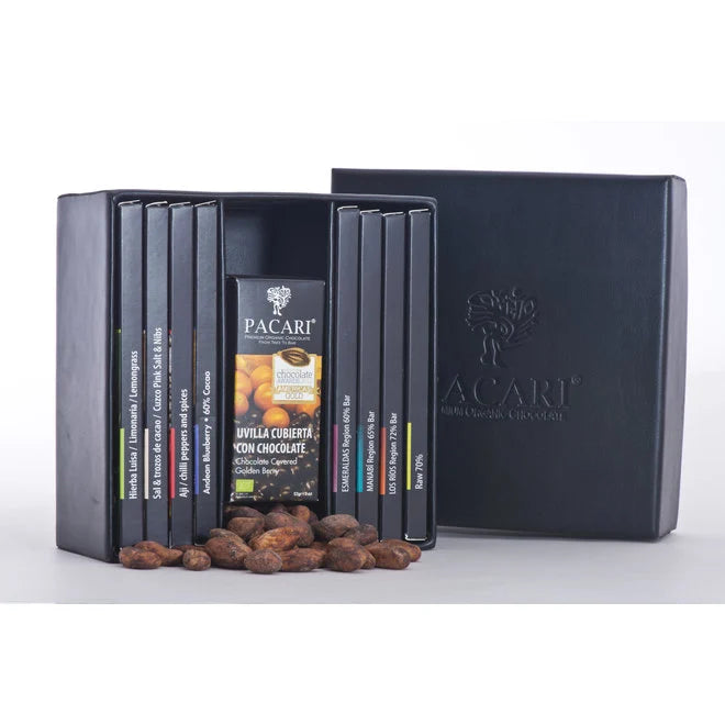 Pacari Leather Gift Box Bars - Big (8 Bars + 2 Covered Fruit)